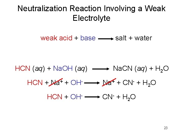 Neutralization Reaction Involving a Weak Electrolyte weak acid + base HCN (aq) + Na.