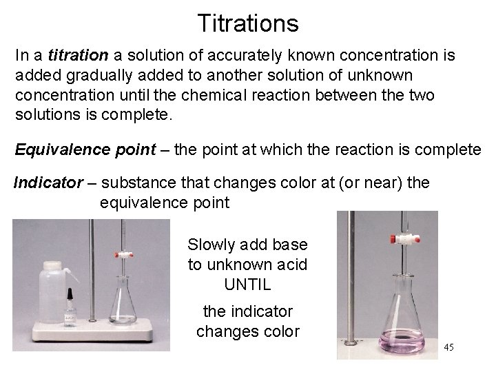 Titrations In a titration a solution of accurately known concentration is added gradually added