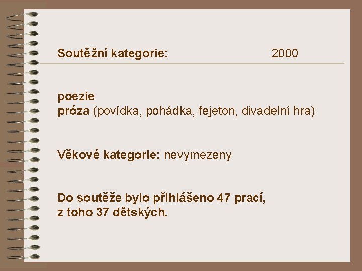 Soutěžní kategorie: 2000 poezie próza (povídka, pohádka, fejeton, divadelní hra) Věkové kategorie: nevymezeny Do