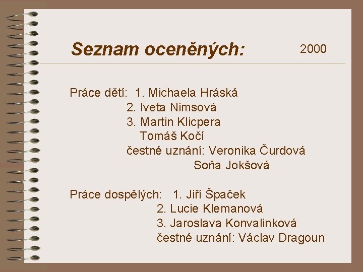 Seznam oceněných: 2000 Práce dětí: 1. Michaela Hráská 2. Iveta Nimsová 3. Martin Klicpera