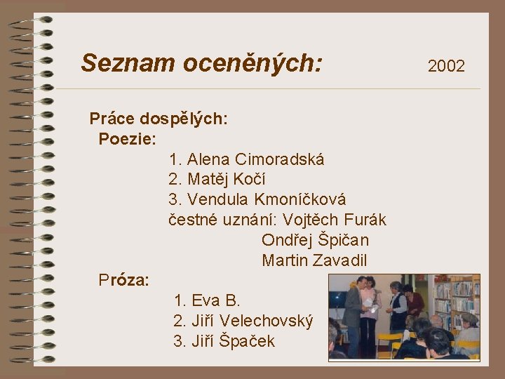 Seznam oceněných: Práce dospělých: Poezie: 1. Alena Cimoradská 2. Matěj Kočí 3. Vendula Kmoníčková