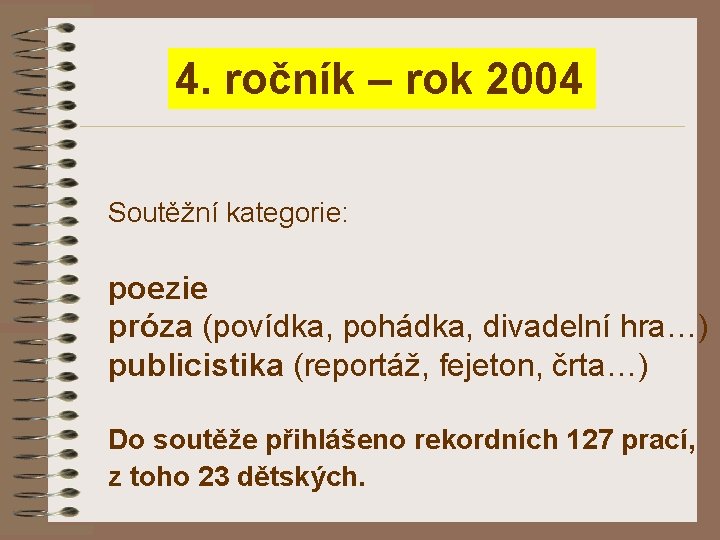 4. ročník – rok 2004 Soutěžní kategorie: poezie próza (povídka, pohádka, divadelní hra…) publicistika