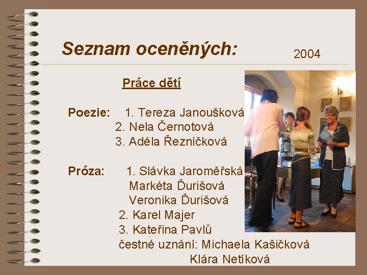Seznam oceněných: 2004 Práce dětí Poezie: 1. Tereza Janoušková 2. Nela Černotová 3. Adéla