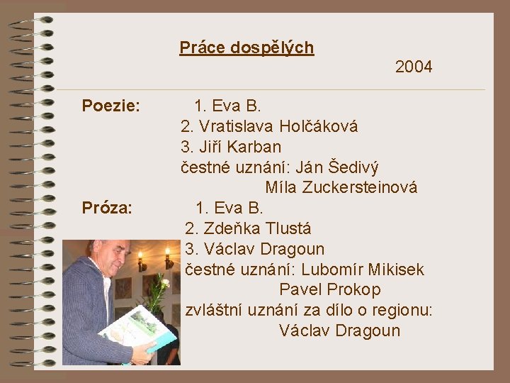 Práce dospělých 2004 Poezie: Próza: 1. Eva B. 2. Vratislava Holčáková 3. Jiří Karban