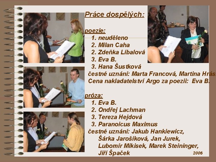 Práce dospělých: poezie: 1. neuděleno 2. Milan Caha 2. Zdeňka Líbalová 3. Eva B.