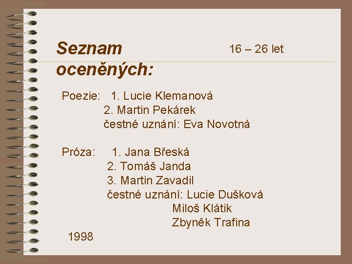 Seznam oceněných: 16 – 26 let Poezie: 1. Lucie Klemanová 2. Martin Pekárek čestné