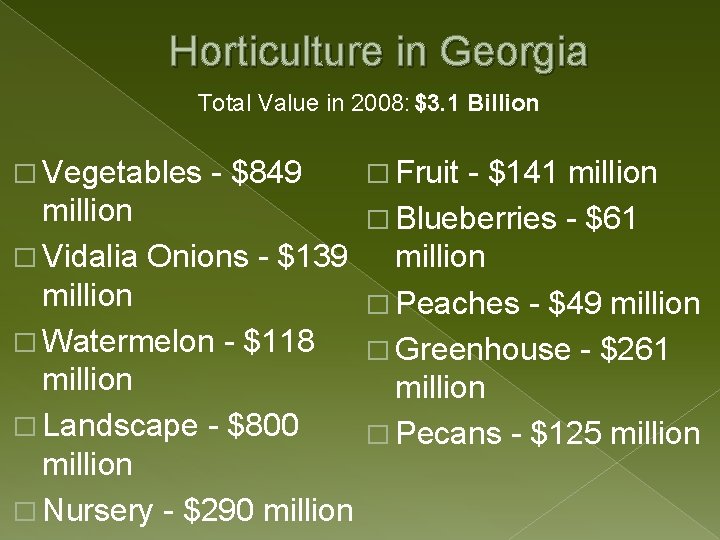 Horticulture in Georgia Total Value in 2008: $3. 1 Billion � Vegetables - $849