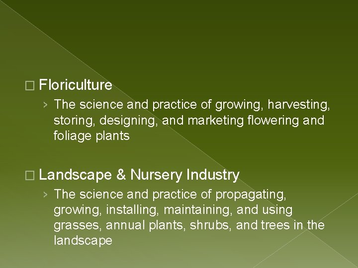 � Floriculture › The science and practice of growing, harvesting, storing, designing, and marketing