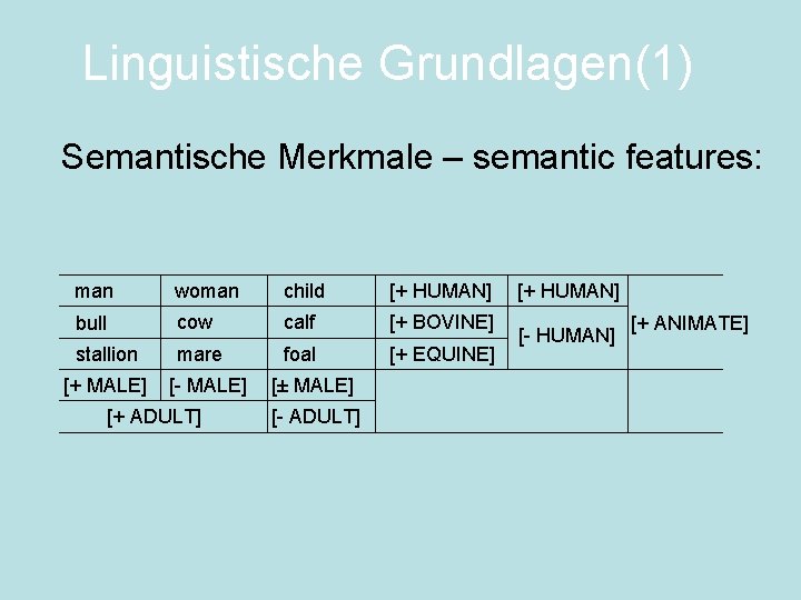 Linguistische Grundlagen(1) Semantische Merkmale – semantic features: man woman child [+ HUMAN] bull cow