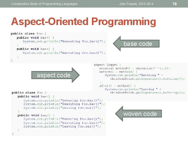 Comparative Study of Programming Languages Joey Paquet, 2010 -2014 Aspect-Oriented Programming base code aspect Comparative Study of Programming Languages Joey Paquet, 2010 -2014 Aspect-Oriented Programming base code aspect