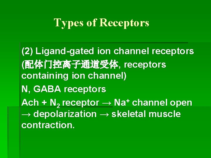 Types of Receptors (2) Ligand-gated ion channel receptors (配体门控离子通道受体, receptors containing ion channel) N,