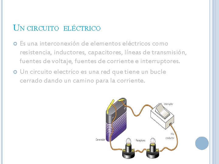 UN CIRCUITO ELÉCTRICO Es una interconexión de elementos eléctricos como resistencia, inductores, capacitores, líneas