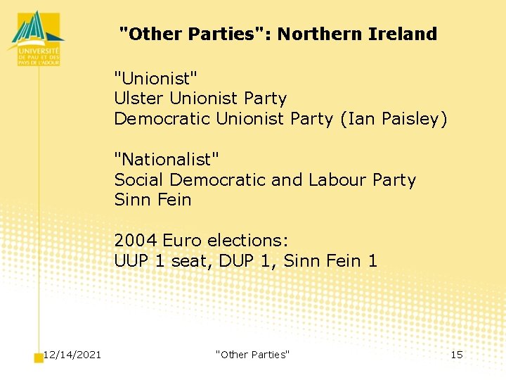 "Other Parties": Northern Ireland "Unionist" Ulster Unionist Party Democratic Unionist Party (Ian Paisley) "Nationalist"