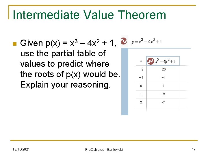 Intermediate Value Theorem n Given p(x) = x 3 – 4 x 2 +