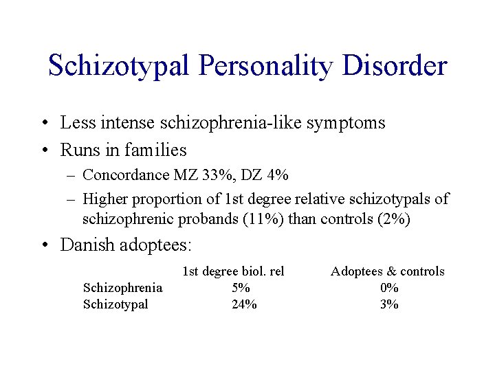 Schizotypal Personality Disorder • Less intense schizophrenia-like symptoms • Runs in families – Concordance