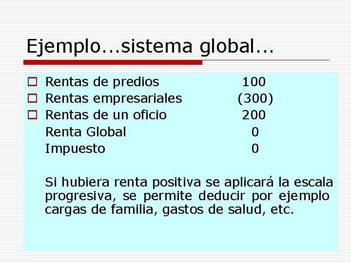 Ejemplo. . . sistema global. . . o Rentas de predios o Rentas empresariales