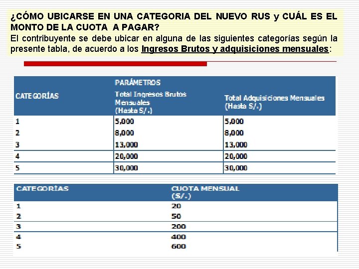 ¿CÓMO UBICARSE EN UNA CATEGORIA DEL NUEVO RUS y CUÁL ES EL MONTO DE