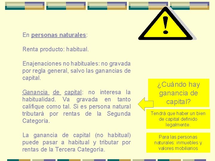 En personas naturales: Renta producto: habitual. Enajenaciones no habituales: no gravada por regla general,