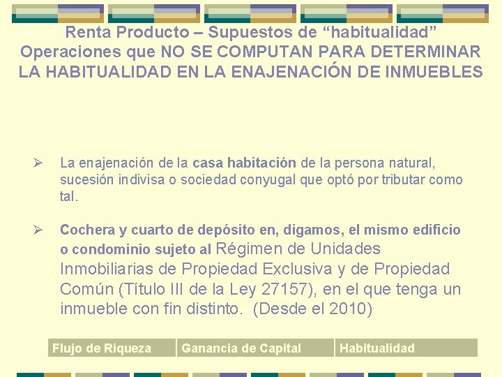 Renta Producto – Supuestos de “habitualidad” Operaciones que NO SE COMPUTAN PARA DETERMINAR LA