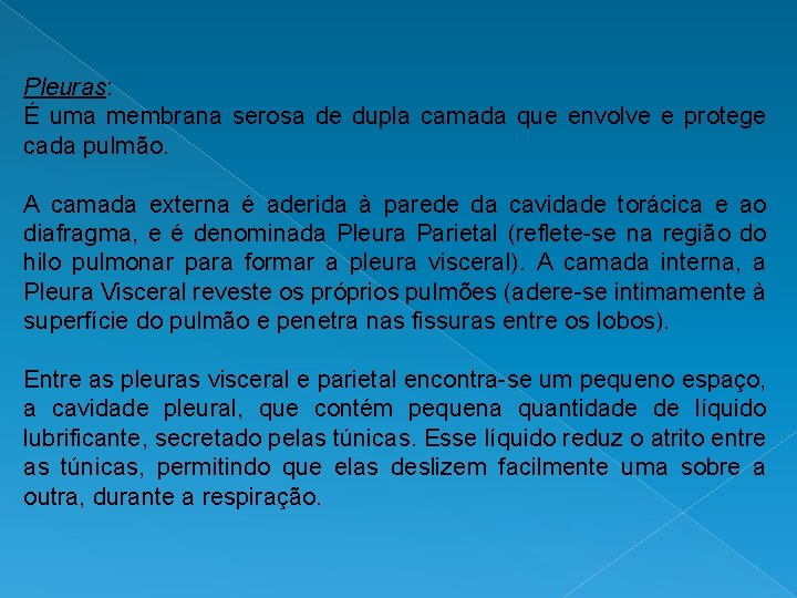 Pleuras: É uma membrana serosa de dupla camada que envolve e protege cada pulmão.