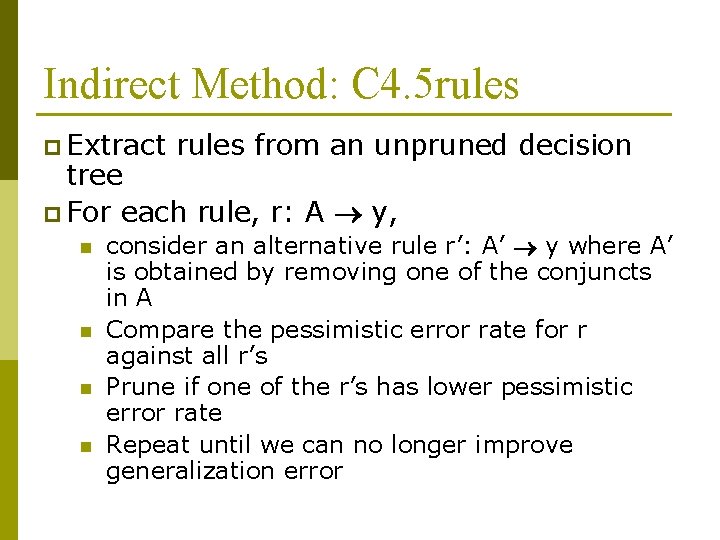 Indirect Method: C 4. 5 rules p Extract rules from an unpruned decision tree
