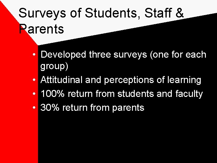 Surveys of Students, Staff & Parents • Developed three surveys (one for each group)