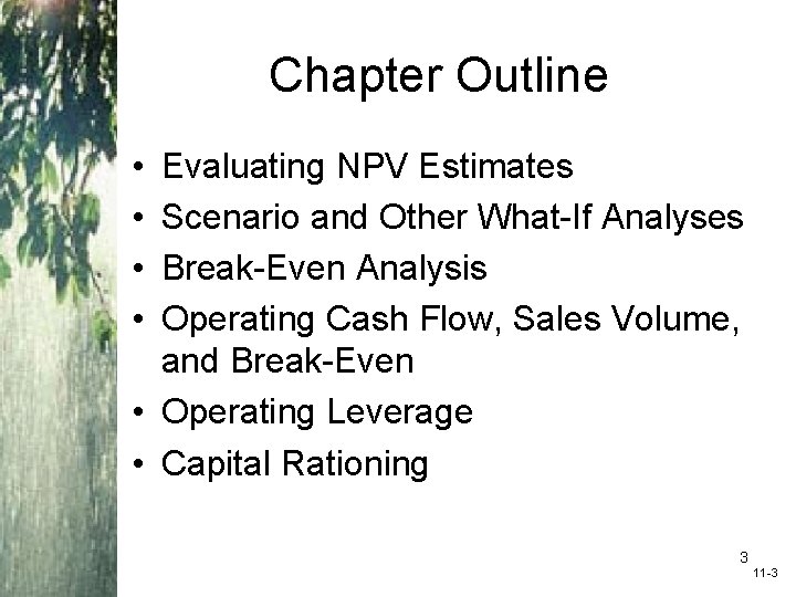 Chapter Outline • • Evaluating NPV Estimates Scenario and Other What-If Analyses Break-Even Analysis