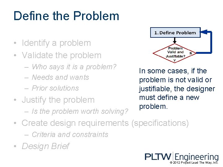 Define the Problem • Identify a problem • Validate the problem – Who says