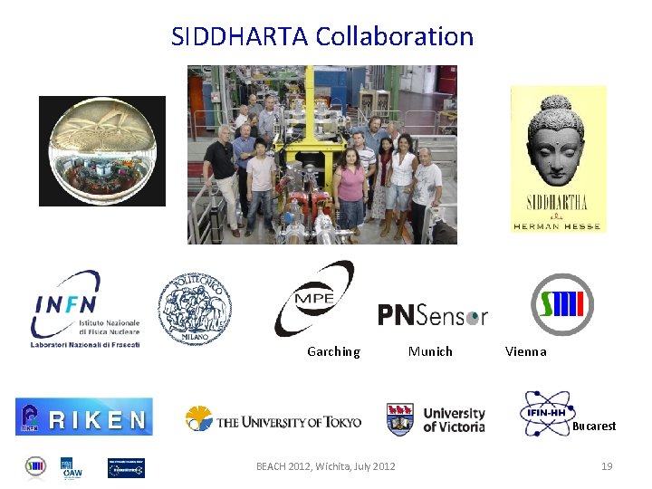 SIDDHARTA Collaboration Garching Munich Vienna Bucarest BEACH 2012, Wichita, July 2012 19 