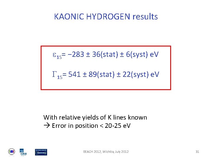 KAONIC HYDROGEN results 1 S= − 283 ± 36(stat) ± 6(syst) e. V 1