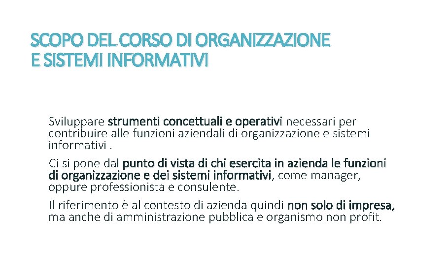 SCOPO DEL CORSO DI ORGANIZZAZIONE E SISTEMI INFORMATIVI Sviluppare strumenti concettuali e operativi necessari