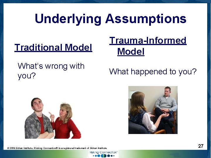 Underlying Assumptions Traditional Model What’s wrong with you? © 2006 Sidran Institute. Risking Connection®