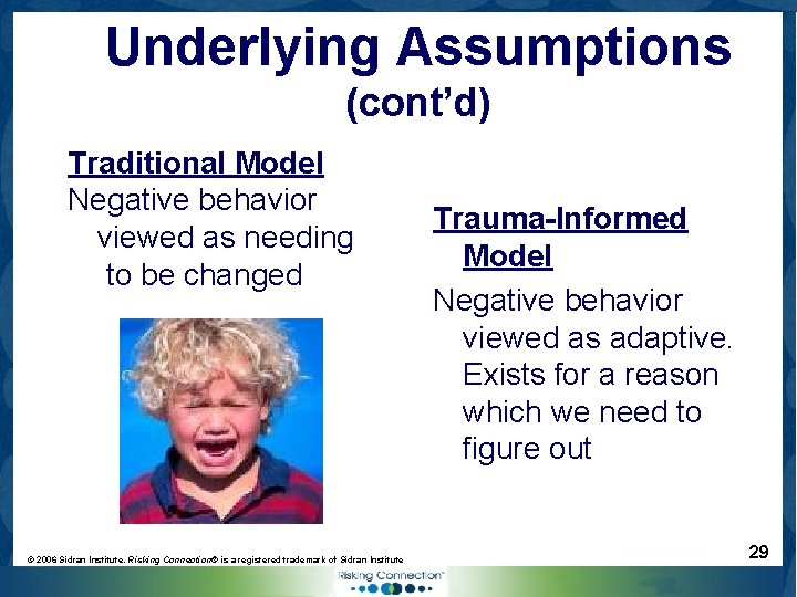 Underlying Assumptions (cont’d) Traditional Model Negative behavior viewed as needing to be changed ©