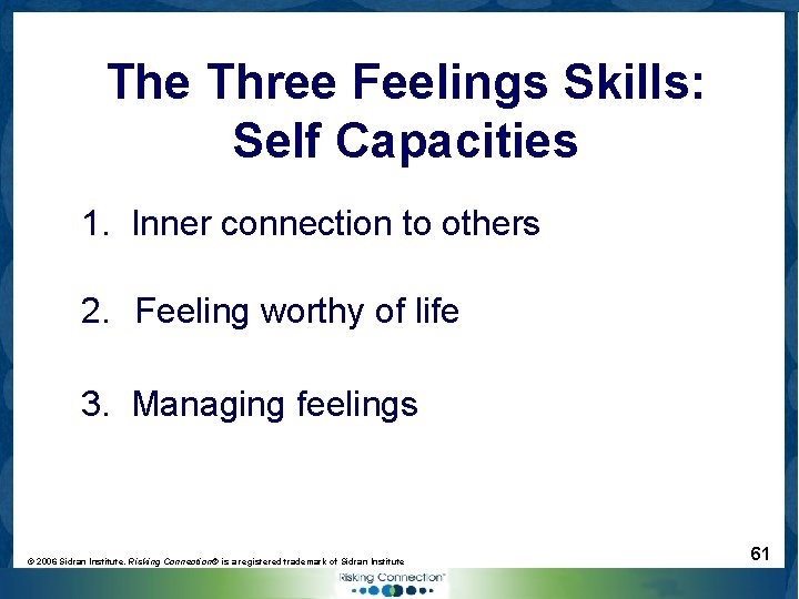 The Three Feelings Skills: Self Capacities 1. Inner connection to others 2. Feeling worthy