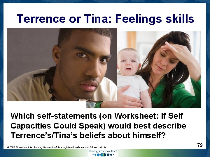 Terrence or Tina: Feelings skills Which self-statements (on Worksheet: If Self Capacities Could Speak)