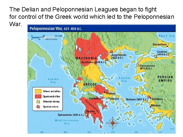 The Delian and Peloponnesian Leagues began to fight for control of the Greek world
