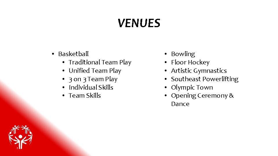 VENUES • Basketball • Traditional Team Play • Unified Team Play • 3 on