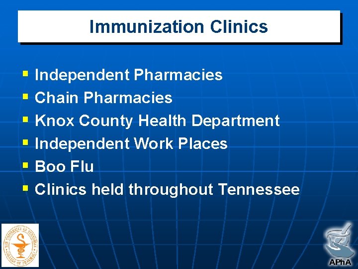 Immunization Clinics § Independent Pharmacies § Chain Pharmacies § Knox County Health Department §