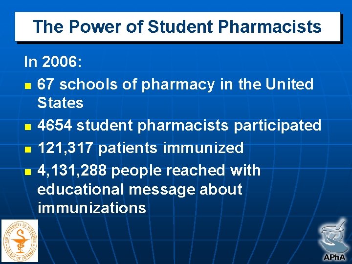 The Power of Student Pharmacists In 2006: n 67 schools of pharmacy in the