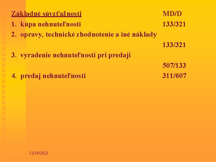 Základné súvzťažnosti MD/D 1. kúpa nehnuteľnosti 133/321 2. opravy, technické zhodnotenie a iné náklady