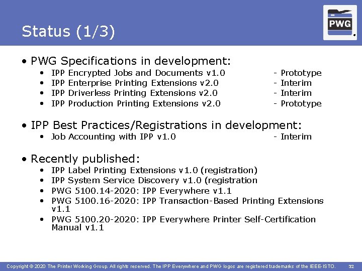 Status (1/3) • PWG Specifications in development: • • IPP IPP Encrypted Jobs and