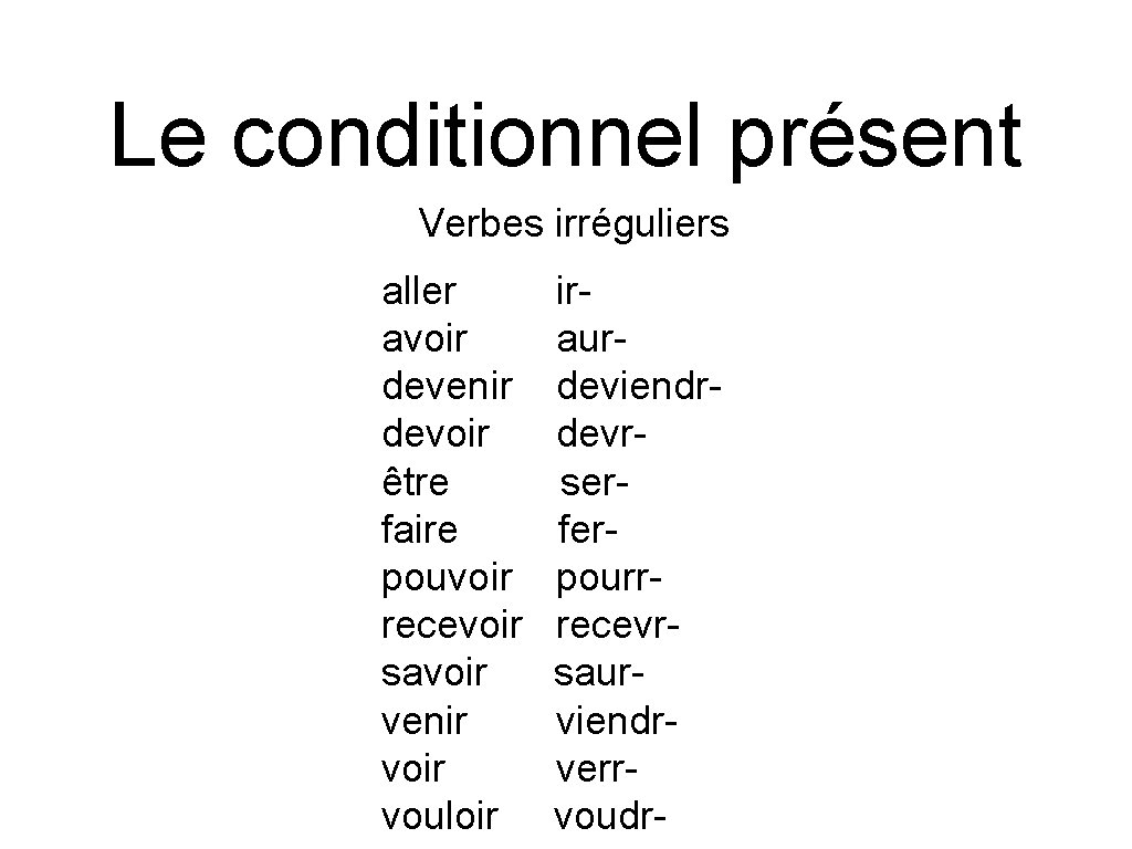 Le conditionnel présent Verbes irréguliers aller avoir devenir devoir être faire pouvoir recevoir savoir