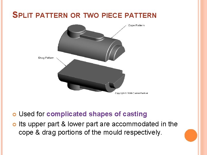 SPLIT PATTERN OR TWO PIECE PATTERN Used for complicated shapes of casting Its upper