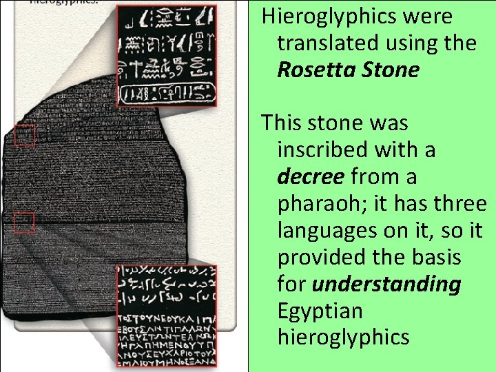 Hieroglyphics were translated using the Rosetta Stone This stone was inscribed with a decree