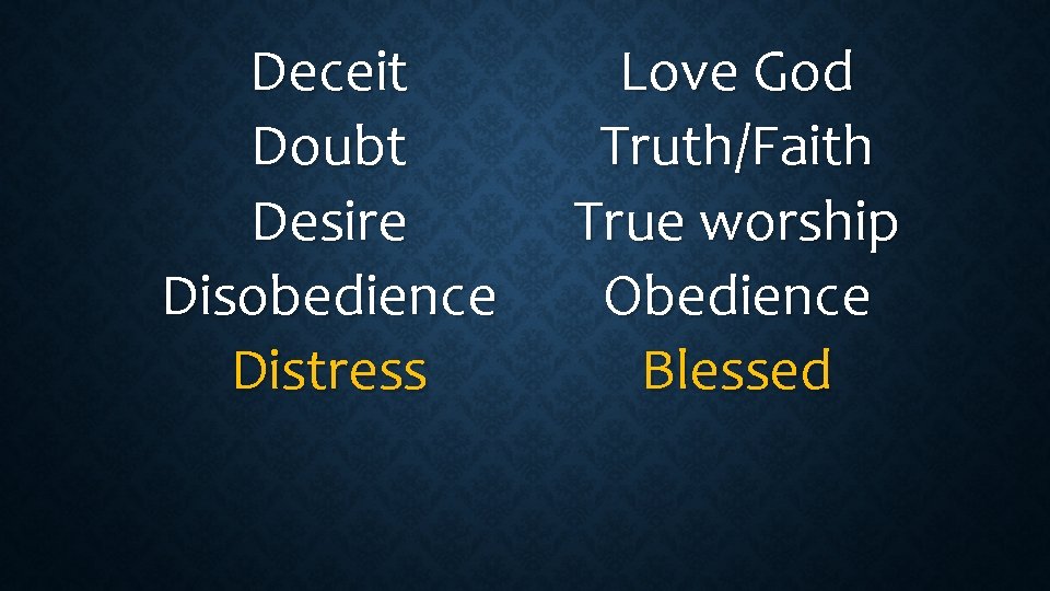 Deceit Doubt Desire Disobedience Distress Love God Truth/Faith True worship Obedience Blessed 