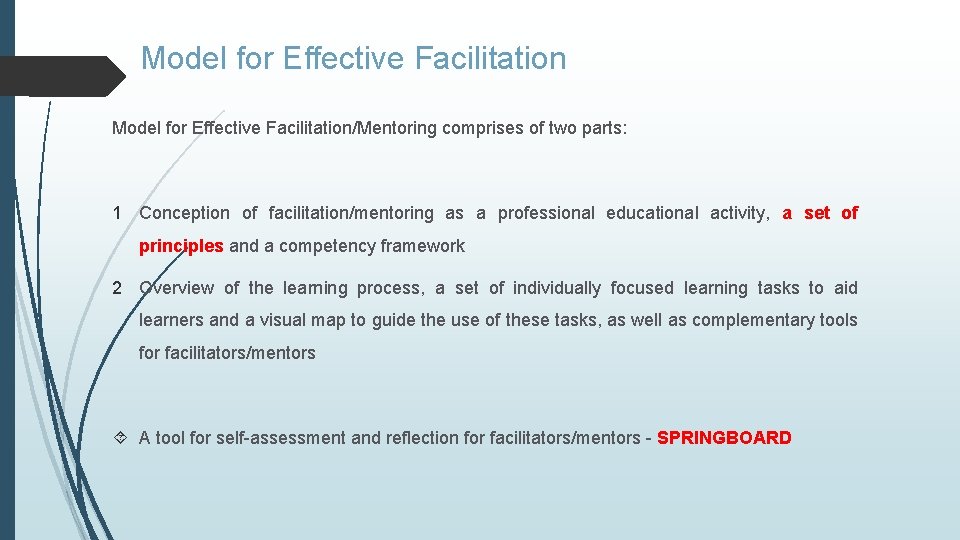 Model for Effective Facilitation/Mentoring comprises of two parts: 1 Conception of facilitation/mentoring as a