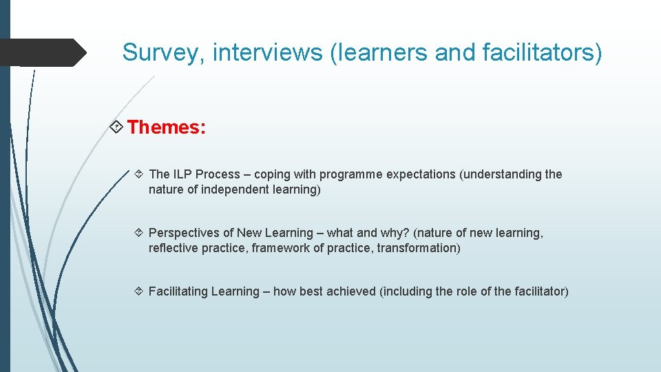 Survey, interviews (learners and facilitators) Themes: The ILP Process – coping with programme expectations