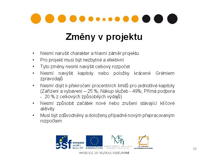 Změny v projektu • • Nesmí narušit charakter a hlavní záměr projektu Pro projekt