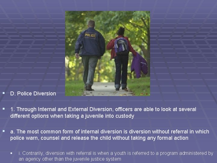 § D. Police Diversion § 1. Through Internal and External Diversion, officers are able
