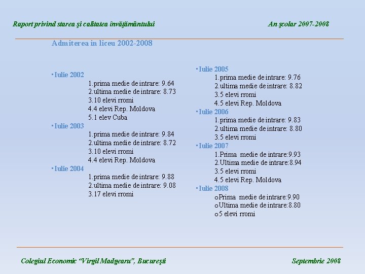 Raport privind starea şi calitatea învăţământului An şcolar 2007 -2008 ____________________________________ Admiterea in liceu